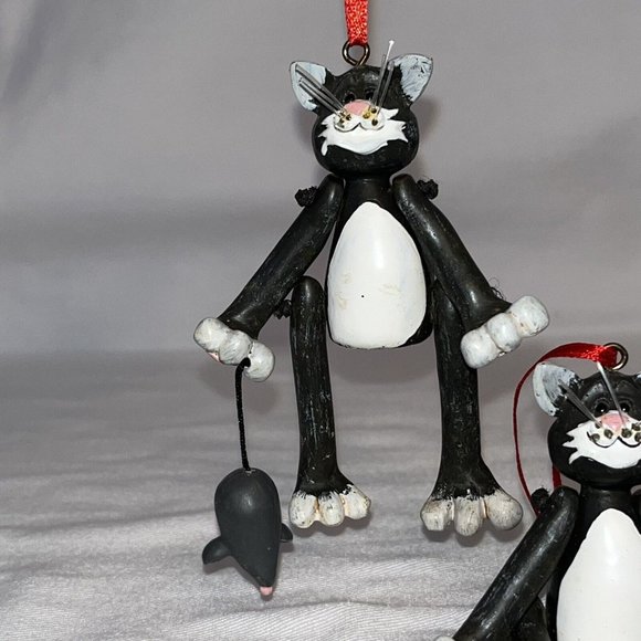 cat ornaments grey sitter dangle legs heart with mouse Set of 2 Approx 4 Inches - Picture 2 of 12